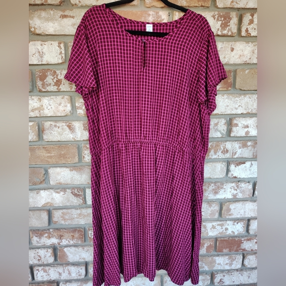 Old Navy Berry Gingham Plaid Flutter Sleeve Midi Dress Sz XXL Casual Preppy